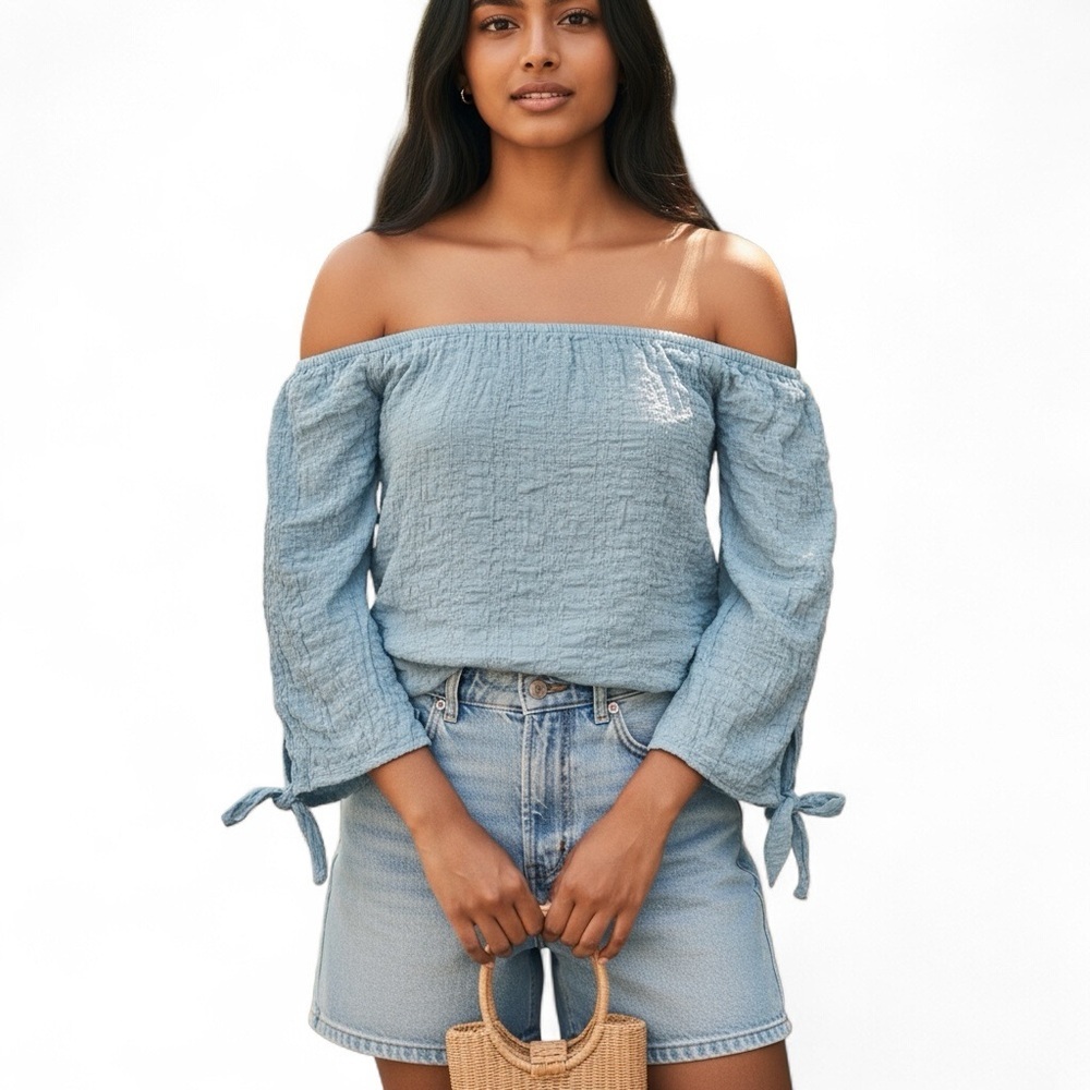 Reformation | Textured Slate‎ Blue Off The Shoulder Crop Top XS Beachy Festival